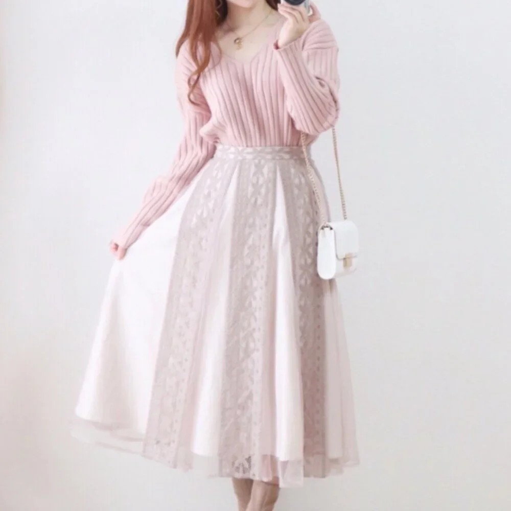 Noela Japan Pink High-Waisted Sheer Lace Patchwork Versatile Midi Skirt Size S